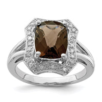 Load image into Gallery viewer, Sterling Silver Rhodium Checker-Cut Smoky Quartz &amp; Diam. Ring
