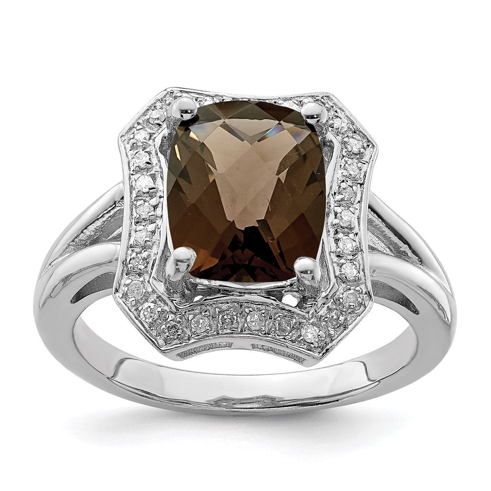 Sterling Silver Rhodium Checker-Cut Smoky Quartz & Diam. Ring