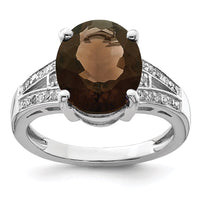 Load image into Gallery viewer, Sterling Silver Rhodium Oval Smoky Quartz &amp; Diam. Ring
