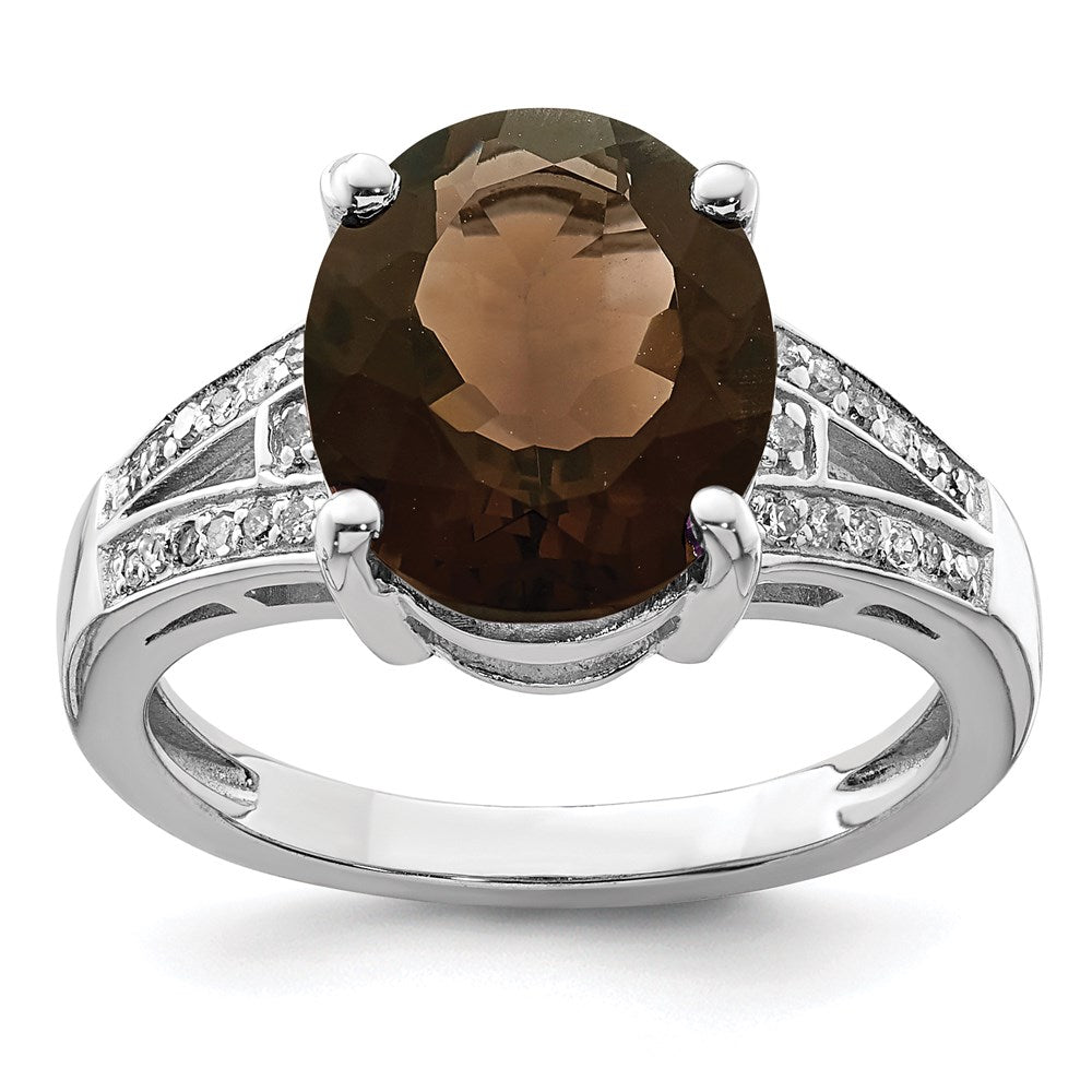 Sterling Silver Rhodium Oval Smoky Quartz & Diam. Ring