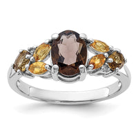 Load image into Gallery viewer, SS Rh Smoky and Whiskey Quartz Citrine White Topaz Ring
