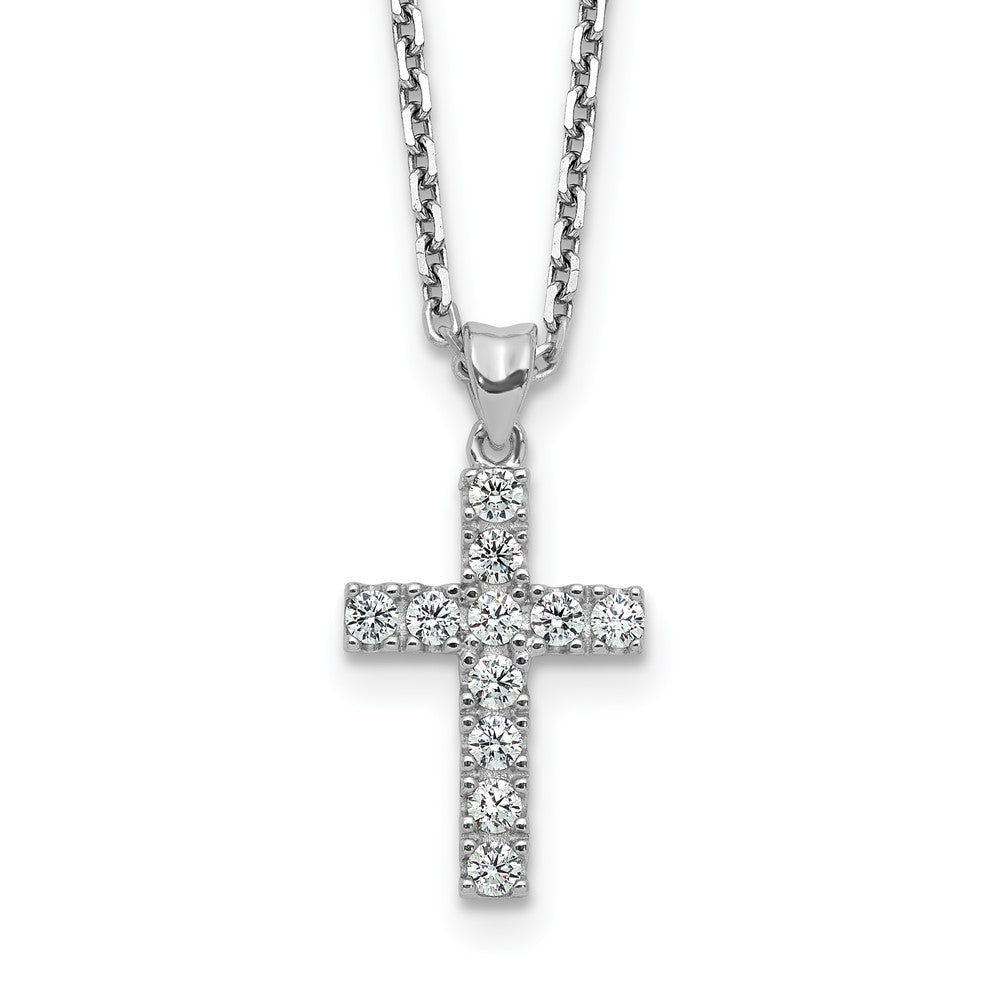 Sterling Shimmer Sterling Silver Rhodium-plated 2mm CZ 11 Stone Cross 16 inch with 2 inch Extension Necklace