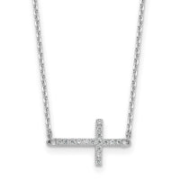 Load image into Gallery viewer, Sterling Shimmer Sterling Silver Rhodium-plated 1.1mm CZ 16 Stone Sideway Cross 16 inch with 2 inch Extension Necklace
