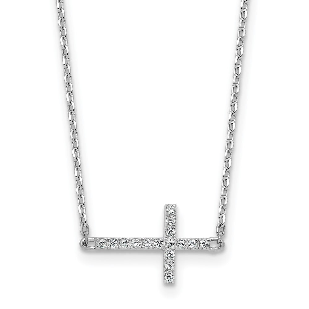 Sterling Shimmer Sterling Silver Rhodium-plated 1.1mm CZ 16 Stone Sideway Cross 16 inch with 2 inch Extension Necklace
