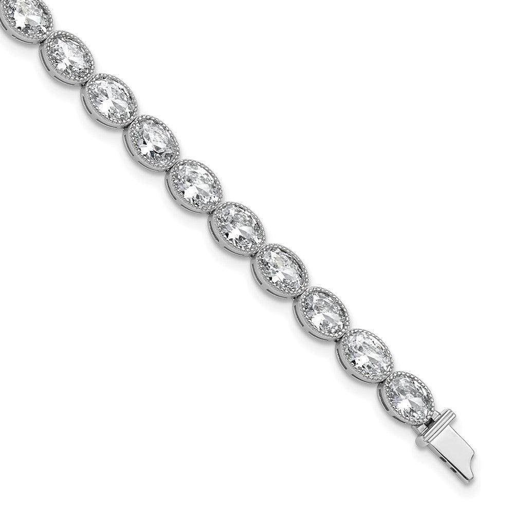 Sterling Shimmer Sterling Silver Rhodium-plated 6mm x 4mm CZ 25 Stone Oval Link 6.75 inch Bracelet