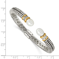 Load image into Gallery viewer, Shey Couture Sterling Silver with 14K Accent Antiqued 10x7.5mm Freshwater Cultured Pearl and Diamond Hinged Cuff Bracelet
