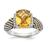 Load image into Gallery viewer, Shey Couture Sterling Silver with 14K Accent Antiqued Diamond and Checkerboard Cushion Citrine Ring
