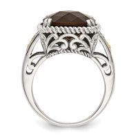 Load image into Gallery viewer, Shey Couture Sterling Silver with 14K Accent Antiqued Cushion Checkerboard Smoky Quartz Ring
