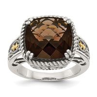 Load image into Gallery viewer, Shey Couture Sterling Silver with 14K Accent Antiqued Cushion Checkerboard Smoky Quartz Ring
