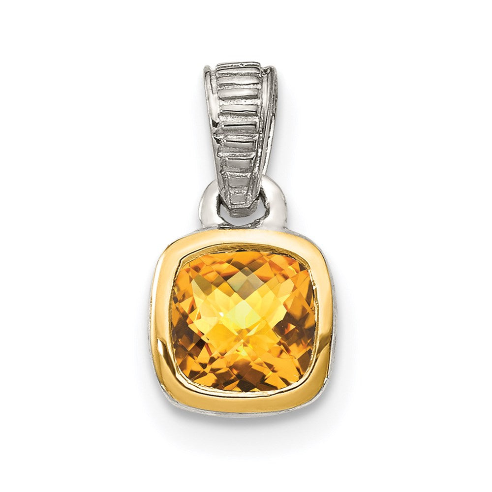 Shey Couture Sterling Silver Rhodium-plated with 14k Accent Polished Cushion-cut Citrine Pendant