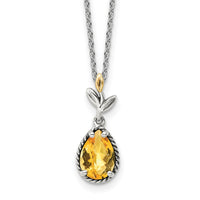 Load image into Gallery viewer, Shey Couture Sterling Silver with 14K Accent 18 Inch Antiqued Leaves Pear Shaped Citrine Necklace
