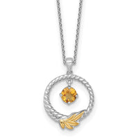 Load image into Gallery viewer, Shey Couture Sterling Silver Rhodium-plated Twisted Circle with 14k Leaf Accent Round Citrine Dangle 18 inch with 2 inch Extension Necklace
