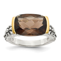 Load image into Gallery viewer, Shey Couture Sterling Silver with 14K Accent Antiqued Cushion Checkerboard Smoky Quartz Ring
