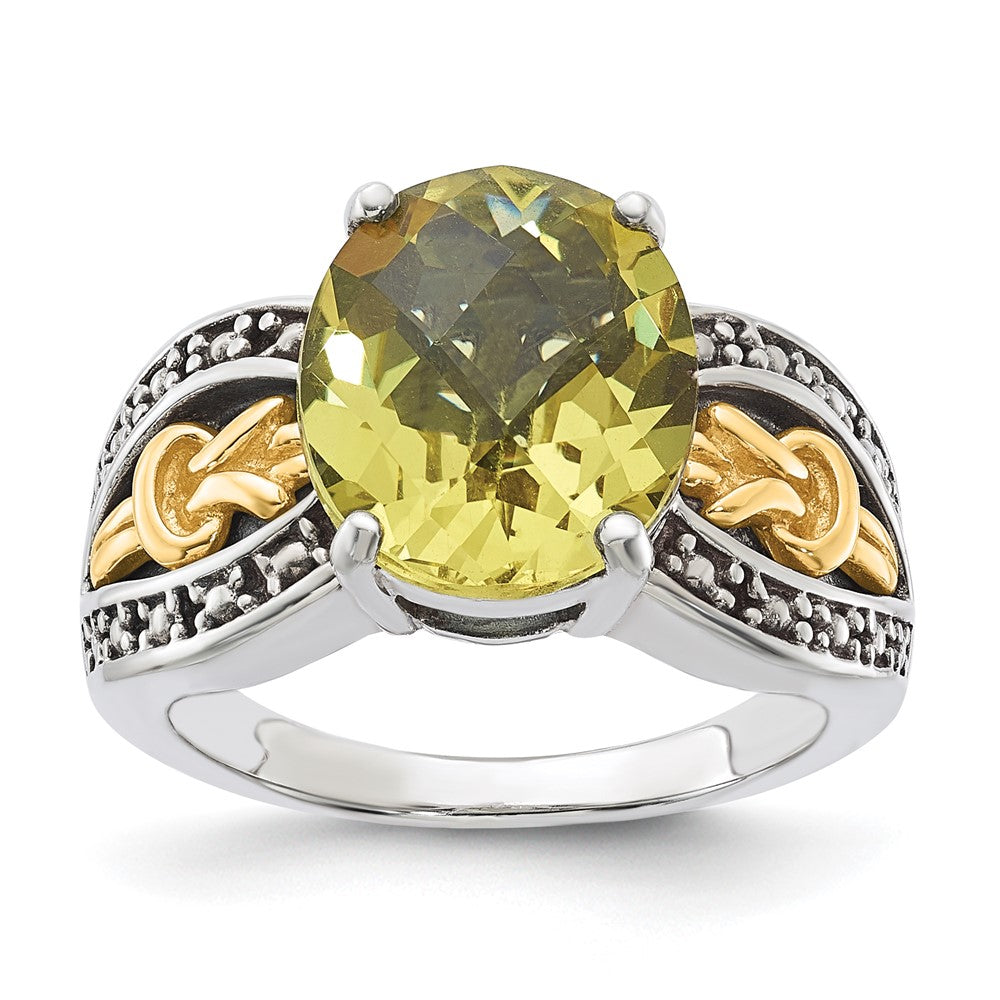 Sterling Silver w/ 14k Accent Antiqued Oval Lemon Quartz Ring