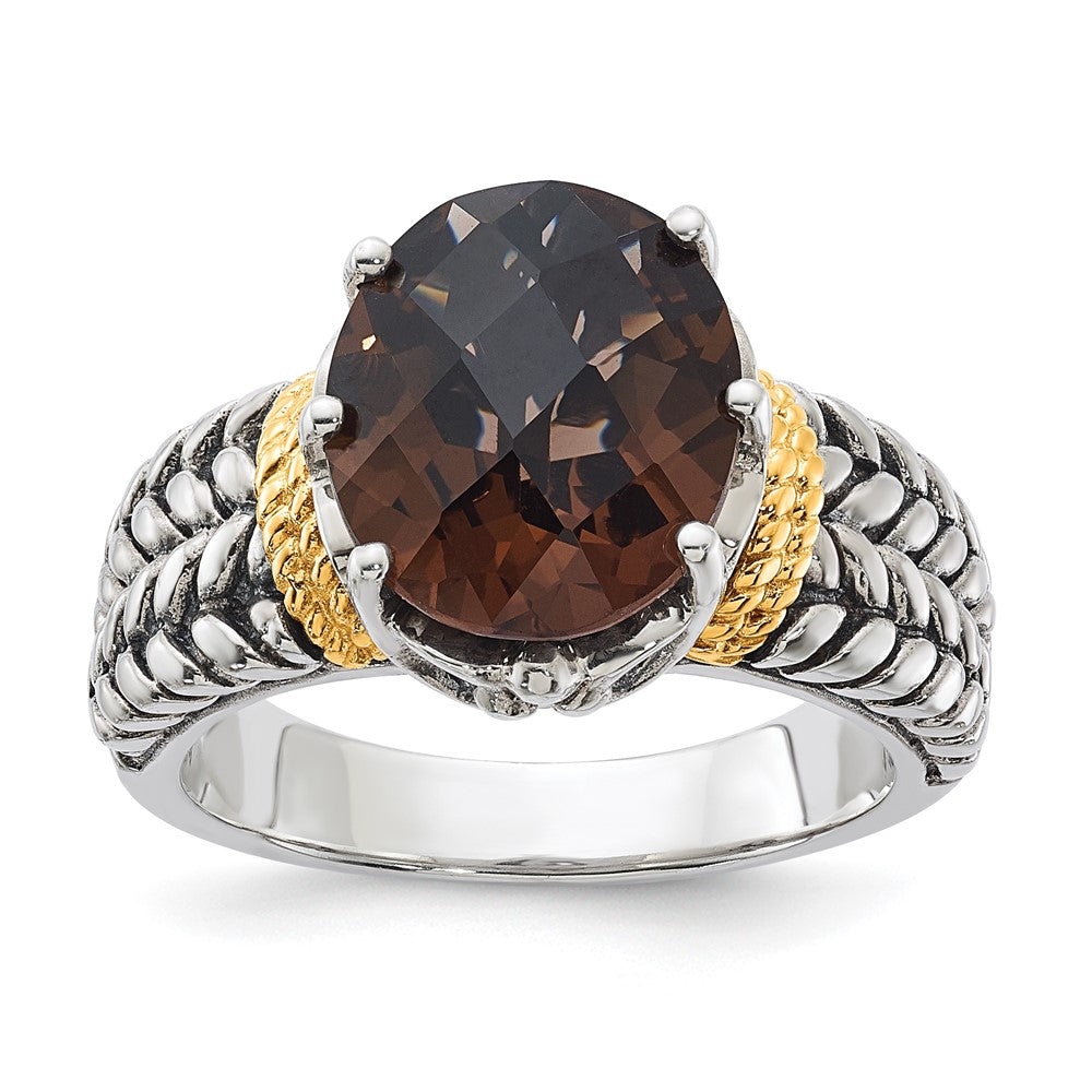 Sterling Silver w/14k Accent Antiqued Oval Smoky Quartz Ring