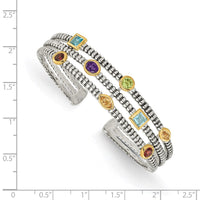 Load image into Gallery viewer, Shey Couture Sterling Silver with 14K Accent Antiqued Bezel .36Amethyst/.55Blue Topaz/.18Citrine/.35Garnet/.30Peridot Cuff Bracelet
