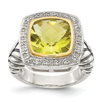 Load image into Gallery viewer, Shey Couture Sterling Silver with 14K Accent Antiqued Cushion Bezel Lemon Quartz and Diamond Ring
