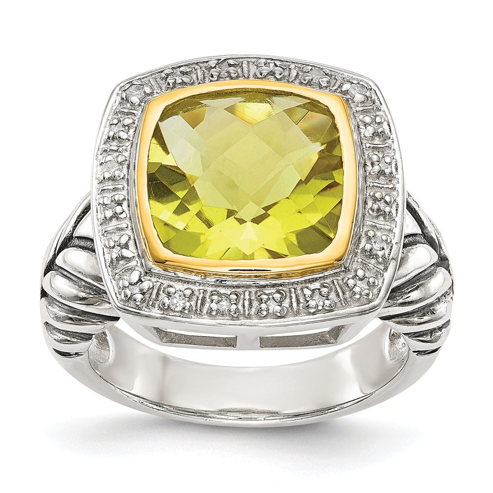 Shey Couture Sterling Silver with 14K Accent Antiqued Cushion Bezel Lemon Quartz and Diamond Ring