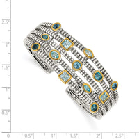Load image into Gallery viewer, Shey Couture Sterling Silver Gold-tone Flash Gold-plated Antiqued Bezel Sky Blue Swiss and London Blue Topaz Cuff Bracelet
