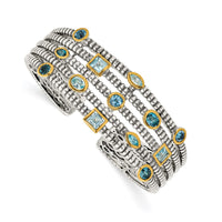 Load image into Gallery viewer, Shey Couture Sterling Silver Gold-tone Flash Gold-plated Antiqued Bezel Sky Blue Swiss and London Blue Topaz Cuff Bracelet
