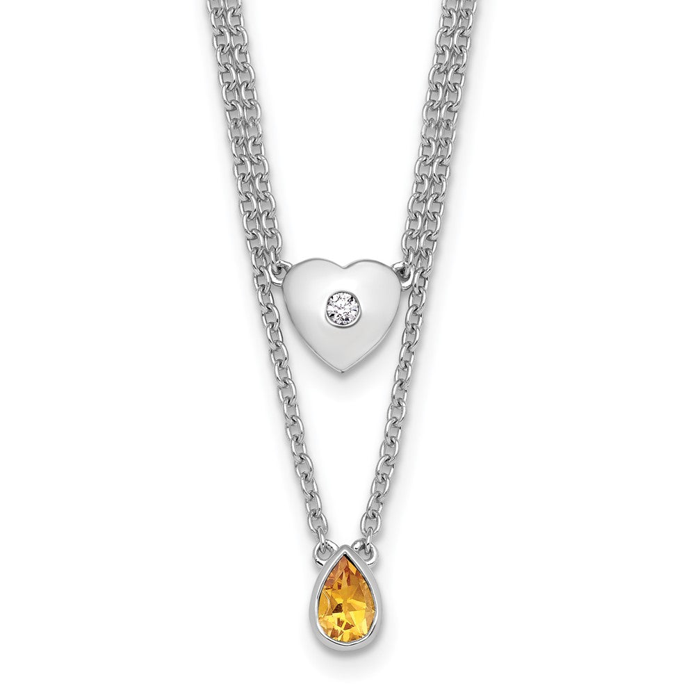 White Ice Sterling Silver Rhodium-plated 18 inch Diamond Heart and Citrine Teardrop Necklace plus 2 inch Extender