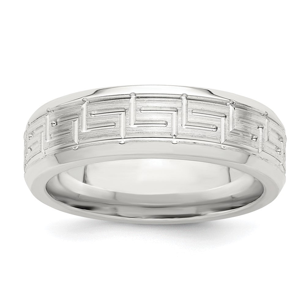 Sterling Silver 6mm Brushed Flat Greek Key Design Beveled Edge Fancy Band Size 13.5