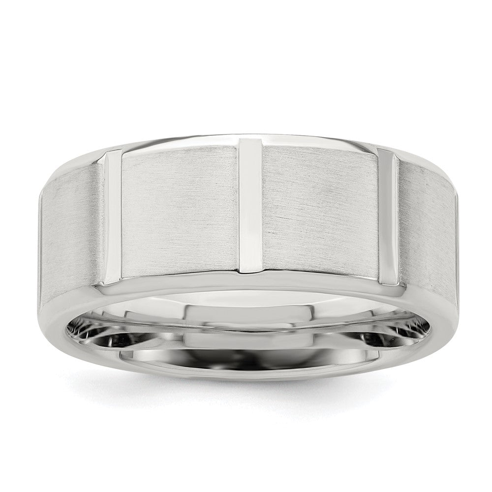 Sterling Silver 8mm Brushed Flat Notched Beveled Edge Fancy Band Size 7.5