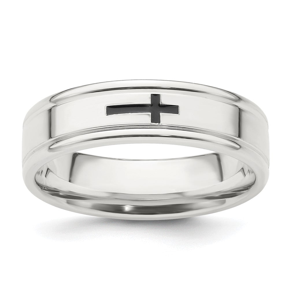 Sterling Silver 6mm Enamel Cross Fancy Band Size 7.5