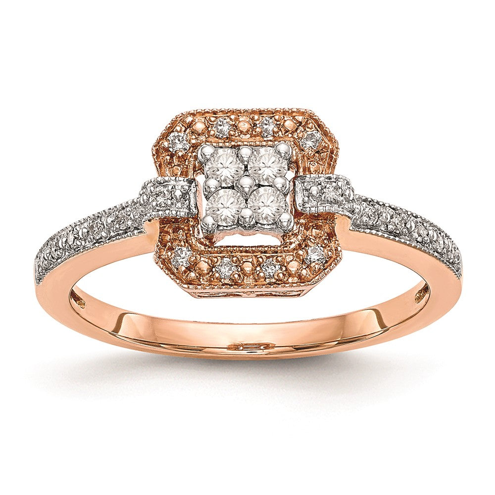 10K Rose Gold Square Halo Cluster 1/5 carat Diamond Complete Engagement Ring