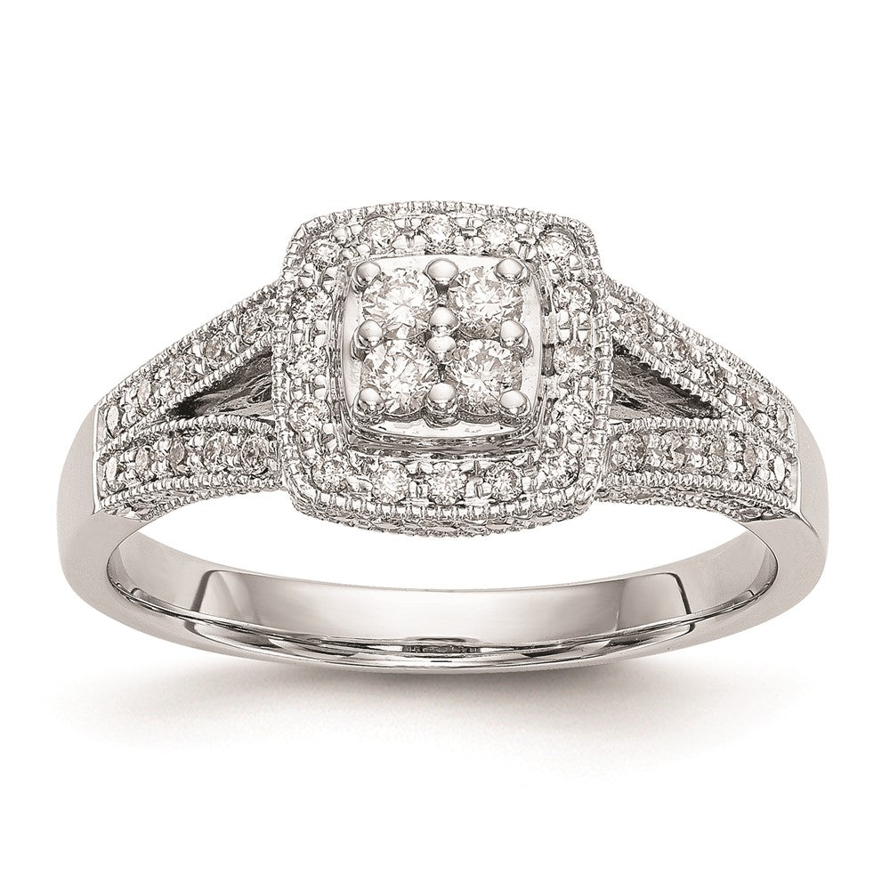 14K White Gold Square Halo Cluster 1/2 carat Diamond Complete Engagement Ring