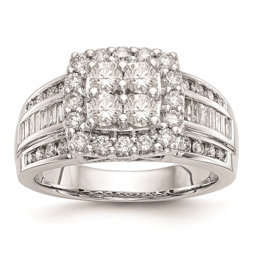 14K White Gold Square Halo Cluster 1.5 carat Round/Baguette Diamond Complete Engagement Ring