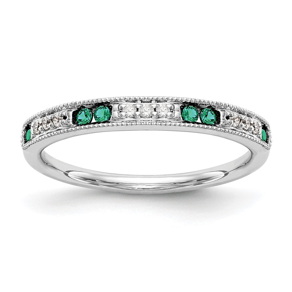 14k White Gold 1/20 carat Diamond and Emerald Complete Wedding Band
