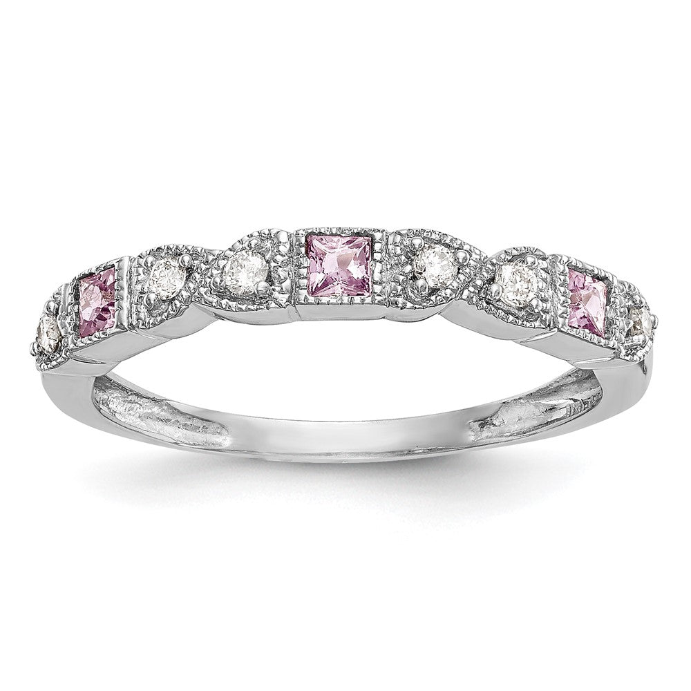 14k White Gold Heart Design 1/10 carat Diamond and Pink Sapphire Complete Band