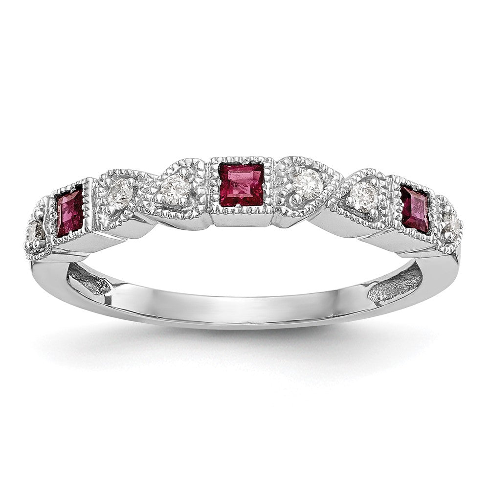 14k White Gold Heart Design 1/10 carat Diamond and Ruby Complete Band