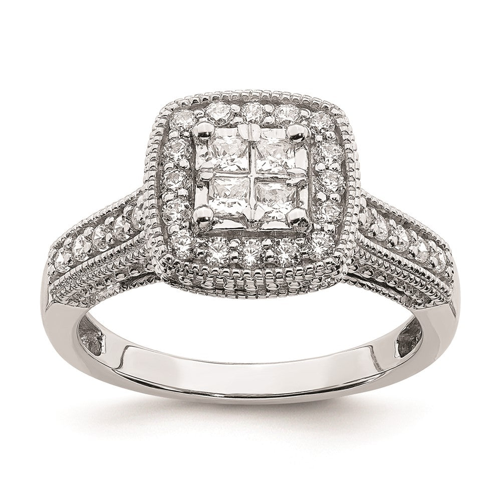 14K White Gold Square Halo Cluster 5/8 carat Princess/Round Diamond Complete Engagement Ring