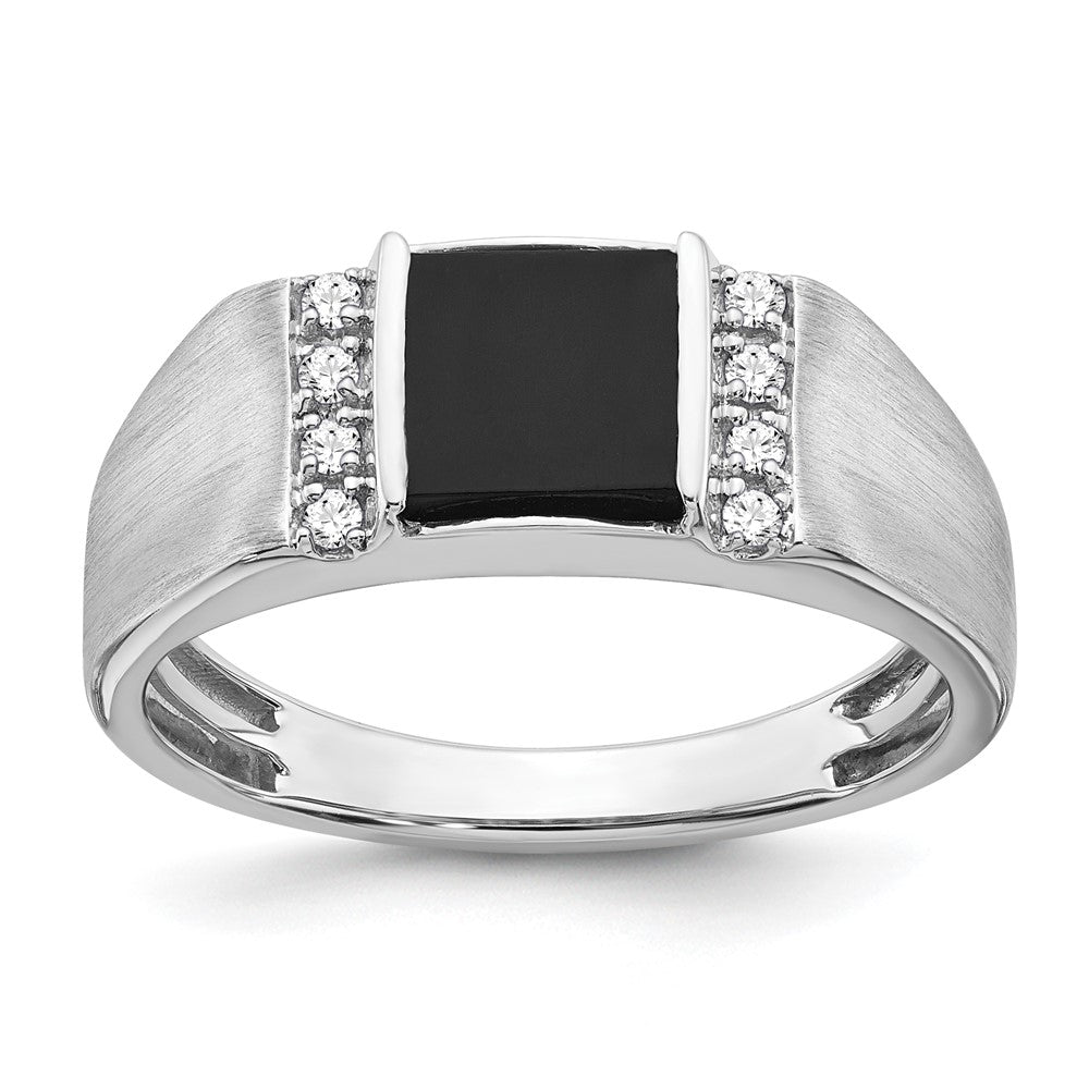 14k White Gold Square Onyx and Diamond Mens Ring
