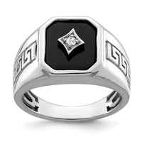 Load image into Gallery viewer, 14k White Gold Onyx and Diamond Greek Key Design Mens Ring
