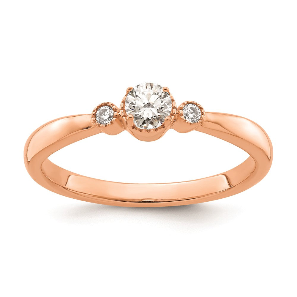 14k Rose Gold Beaded Edge Petite 3-Stone 1/4 carat Round Diamond Complete Promise/Engagement Ring