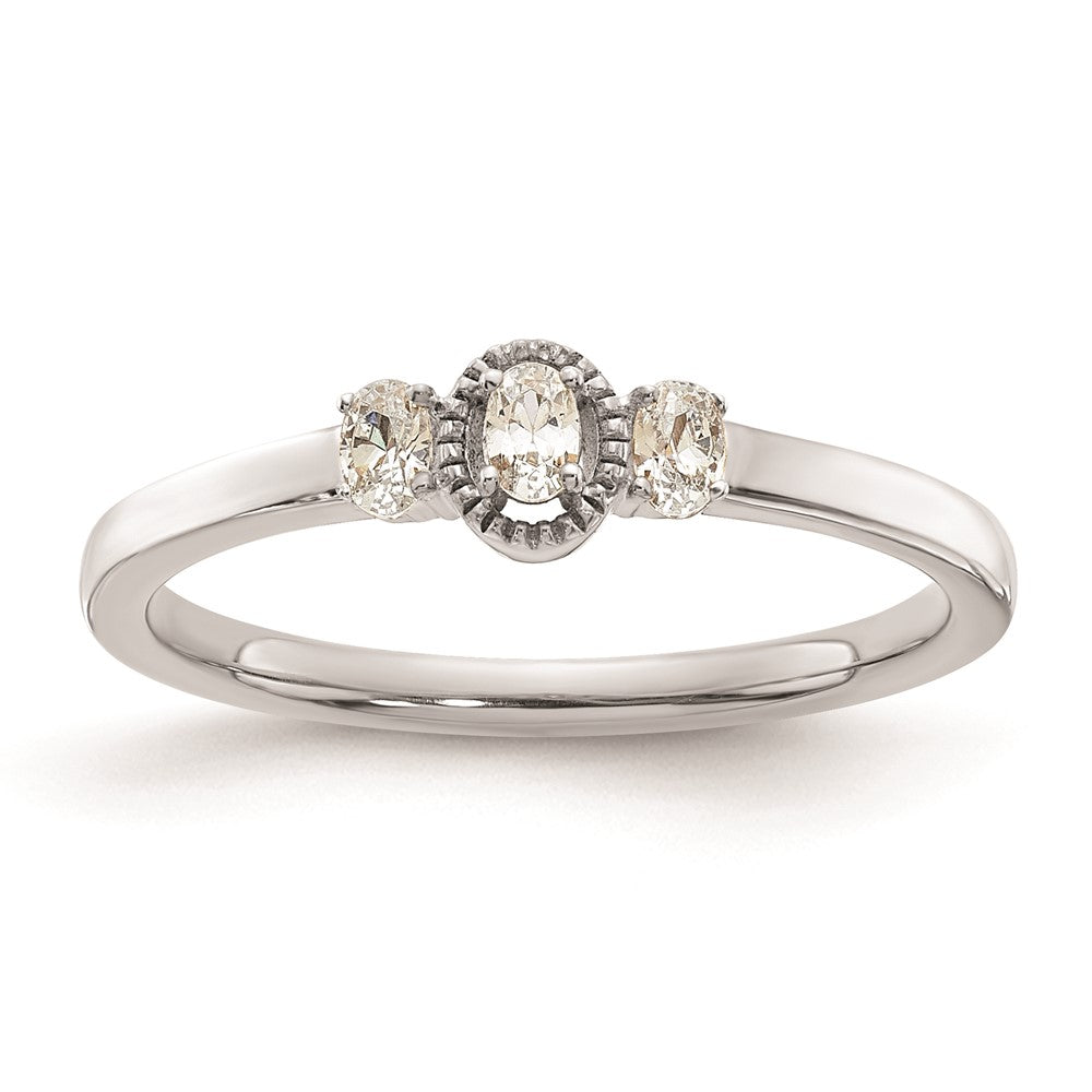 14k White Gold Beaded Edge Petite 3-Stone 1/8 carat Oval Diamond Complete Promise/Engagement Ring