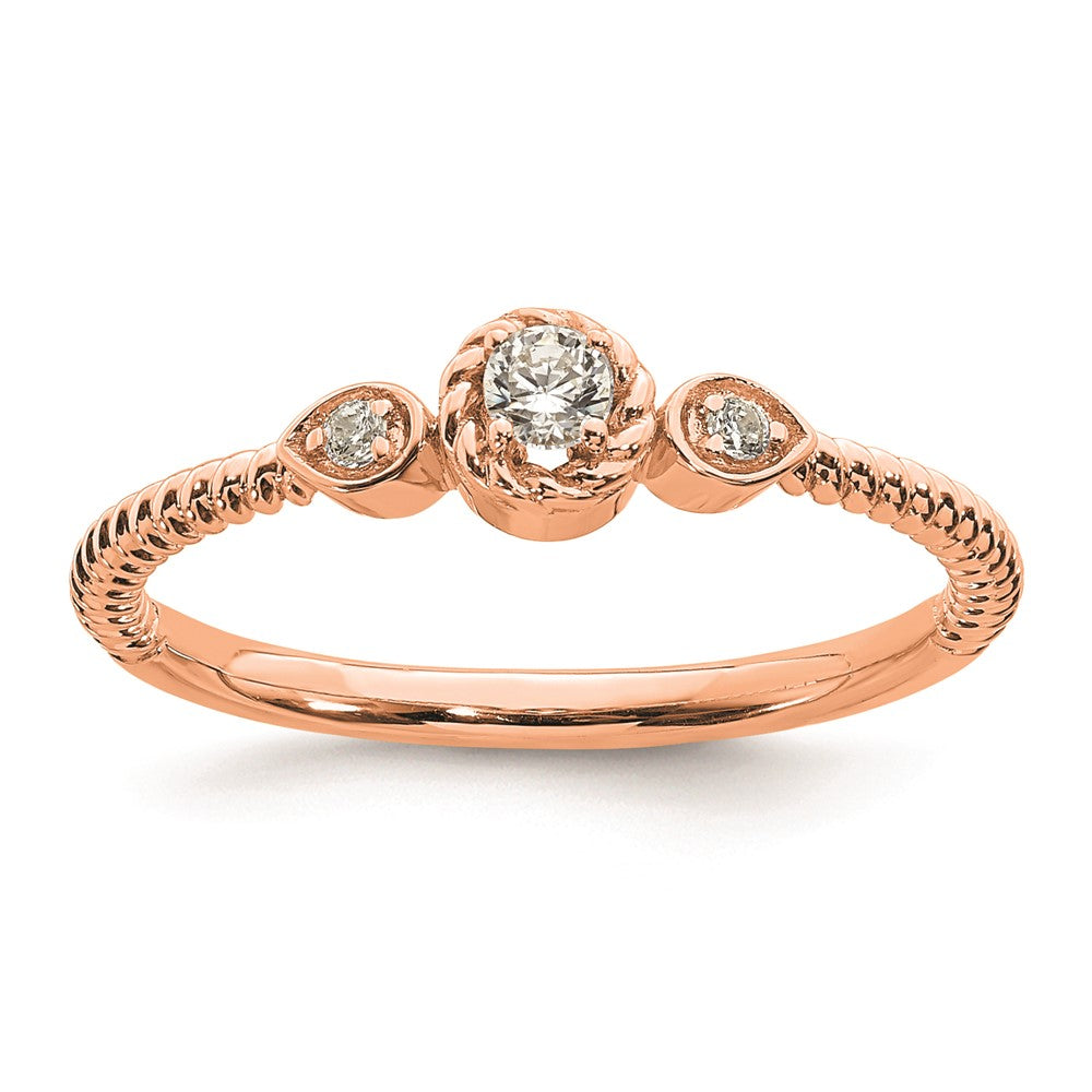 14k Rose Gold Roped Band Petite 3-Stone 1/15 carat Round Diamond Complete Promise/Engagement Ring