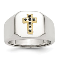 Load image into Gallery viewer, Chisel Stainless Steel Polished with 14k Gold Accent 1/15 Carat Sapphire Cross Signet Ring
