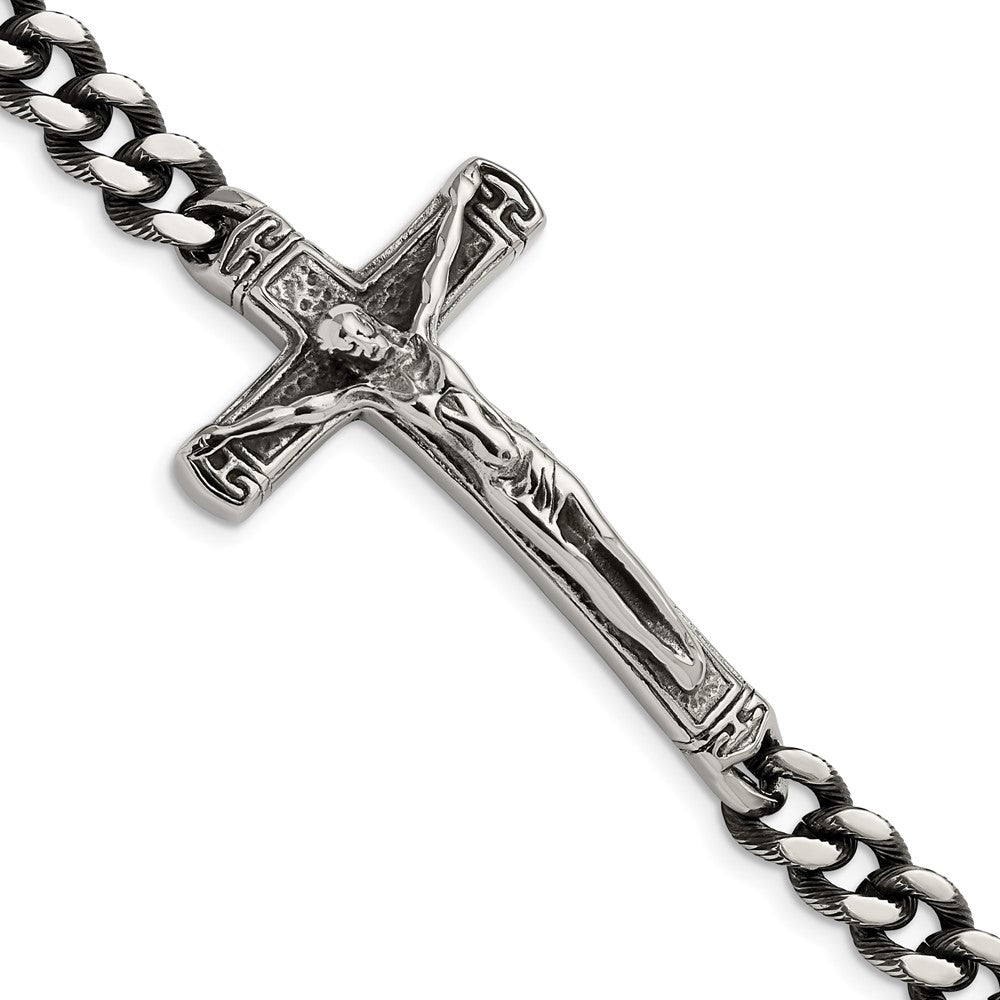 Chisel Stainless Steel Antiqued and Polished Crucifix 8.75 inch Bracelet