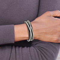 Load image into Gallery viewer, Chisel Stainless Steel Polished Black IP-plated with Crystals Layered Cuff Bangle
