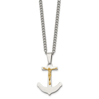 Load image into Gallery viewer, Chisel Stainless Steel Polished with 14k Gold Crucifix Anchor Pendant on a 24 inch Curb Chain Necklace

