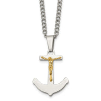 Load image into Gallery viewer, Chisel Stainless Steel Polished with 14k Gold Crucifix Anchor Pendant on a 24 inch Curb Chain Necklace
