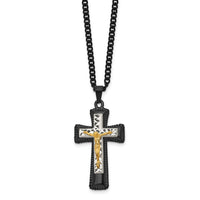 Load image into Gallery viewer, Chisel Stainless Steel Polished Black IP-plated, Gold-plated and Silver-Plated Brass Crucifix on a 24 inch Curb Chain Necklace
