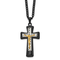 Load image into Gallery viewer, Chisel Stainless Steel Polished Black IP-plated, Gold-plated and Silver-Plated Brass Crucifix on a 24 inch Curb Chain Necklace
