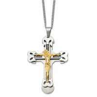 Load image into Gallery viewer, Chisel Stainless Steel Brushed and Polished Yellow IP-plated with Cable Crucifix Pendant on a 24 inch Curb Chain Necklace
