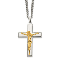 Load image into Gallery viewer, Chisel Stainless Steel Polished Yellow IP-plated Crucifix Pendant on a 24 inch Curb Chain Necklace
