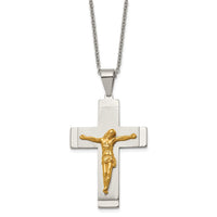 Load image into Gallery viewer, Chisel Stainless Steel Brushed and Polished Yellow IP-plated Crucifix Pendant on a 20 inch Curb Chain Necklace
